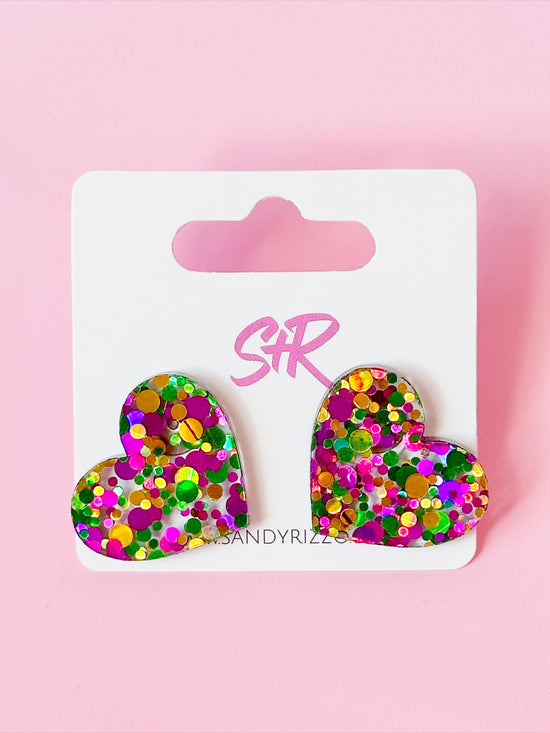 Mardi Gras Large Heart Stud