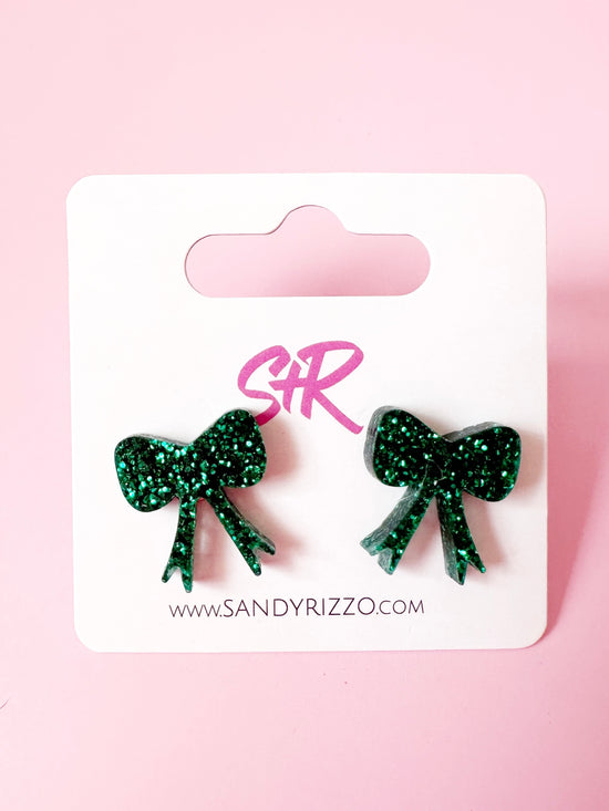 Green Glitter Bow Stud