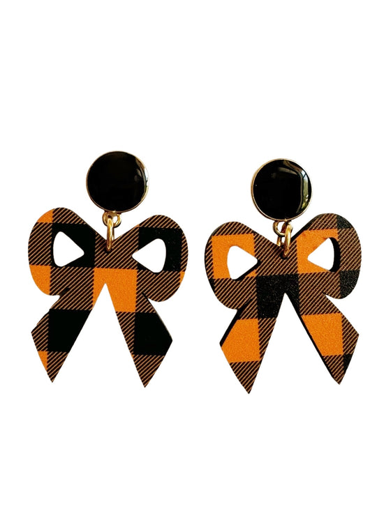 Small Black and Orange Gingham Bow Dangle