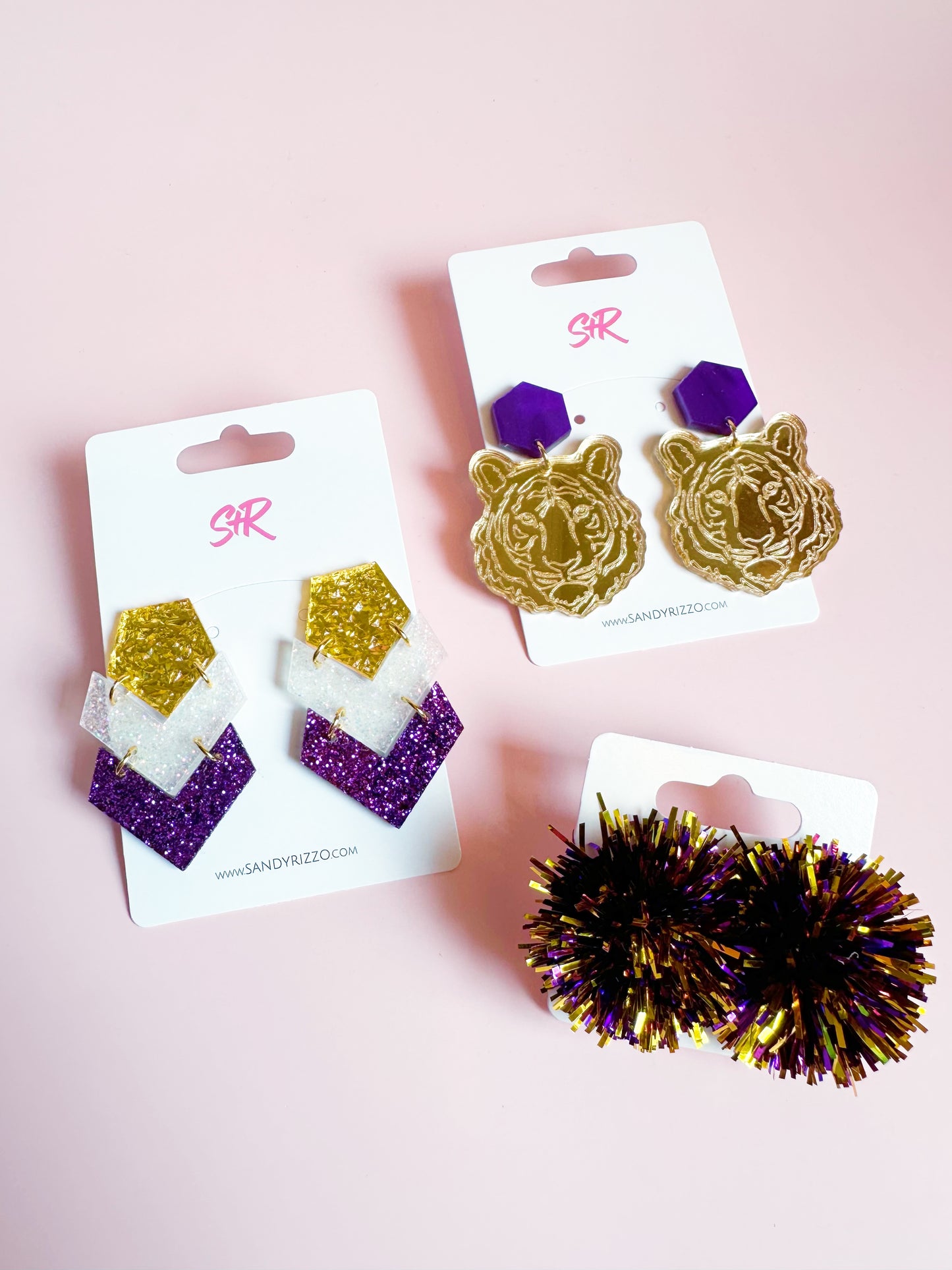 Purple and Gold Party Pom Stud