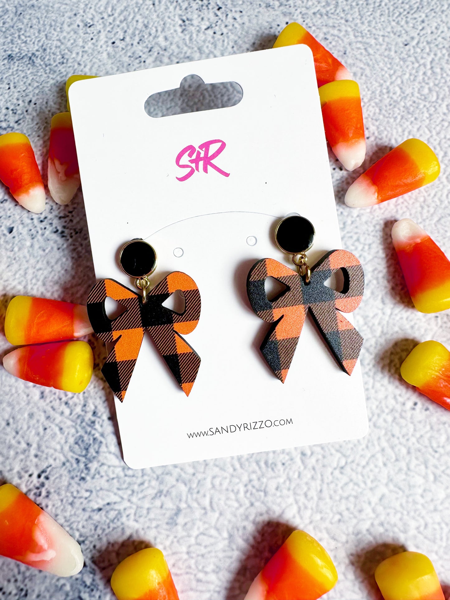 Small Black and Orange Gingham Bow Dangle