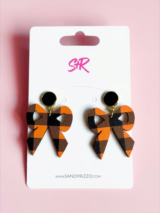 Small Black and Orange Gingham Bow Dangle