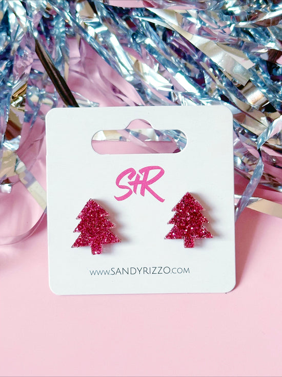 Small Pink Glitter Tree Stud