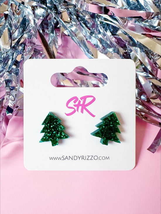 Small Green Glitter Tree Stud