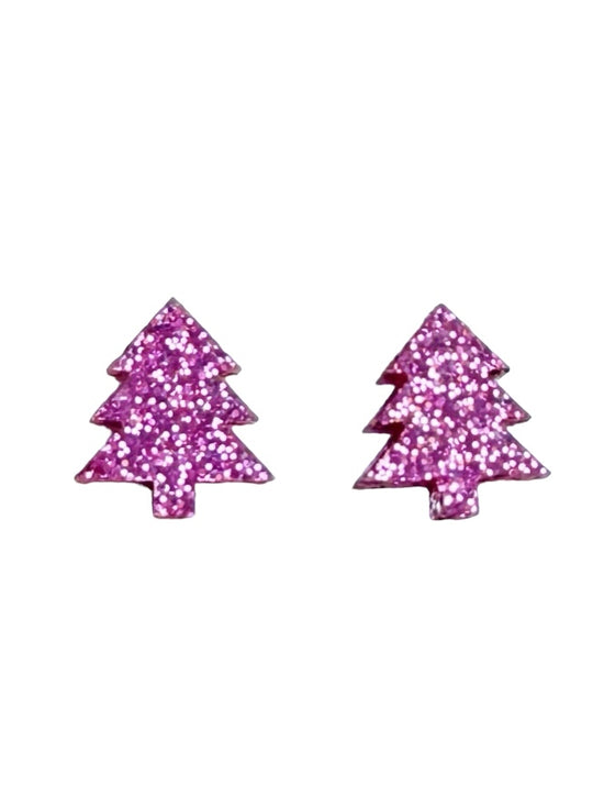 Small Pink Glitter Tree Stud